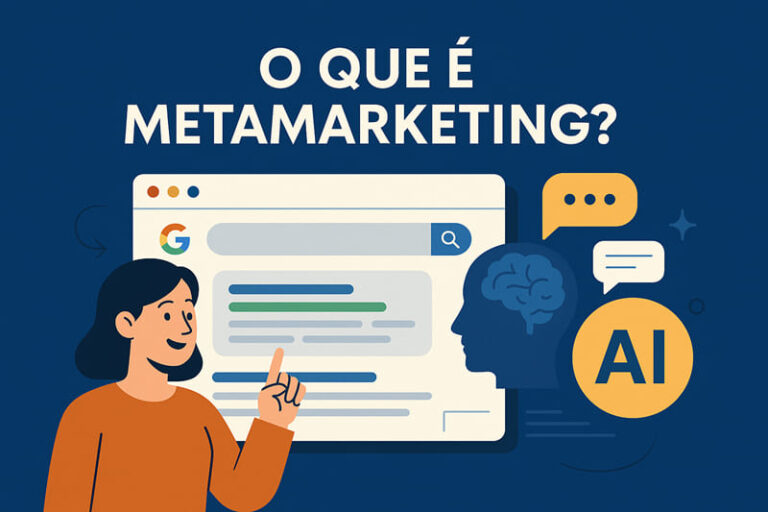Conceito visual de Metamarketing com camadas da marca (cognitiva, emocional, contextual, algorítmica), inteligência artificial, Philip Kotler e presença multiplataforma. Imagem inspirada no artigo da Click Pérola sobre a nova era do marketing com SGE.