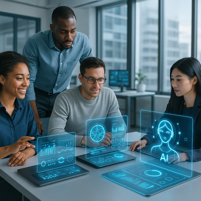 Profissionais colaborando em ambiente com tecnologias emergentes e interfaces futuristas